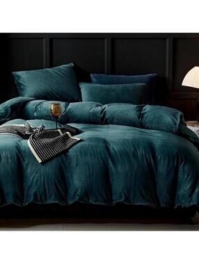 🆕 QUEEN Velvet Duvet Bedding Set Cover Blue Green Velour Warm Rich Luxury Cozy